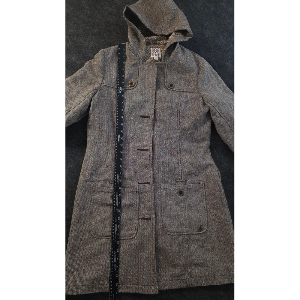 Roxy Brown Herringbone Tweed Wool Blend Hooded Coat Jacket P474069 Large